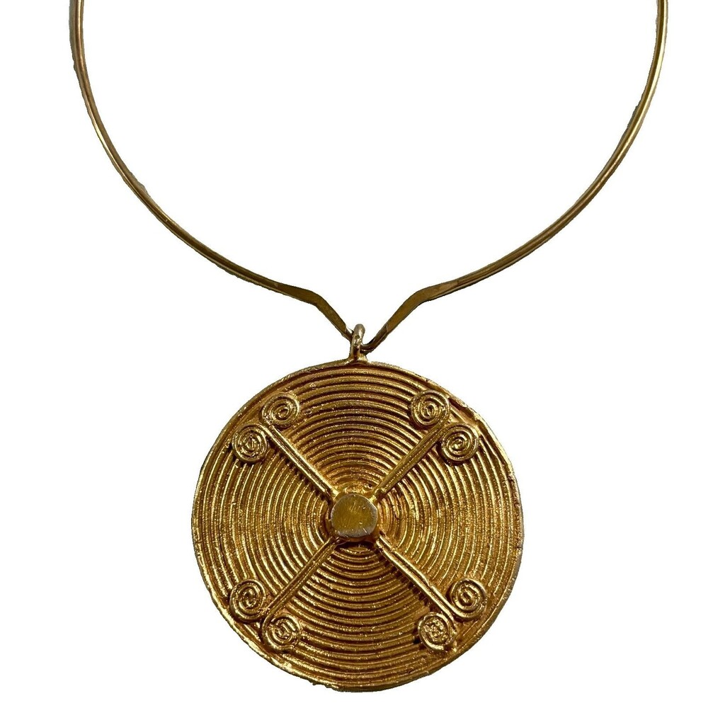 Vintage CORO Gold Tone Modernist Medallion Collar Necklace Spiral Pendant